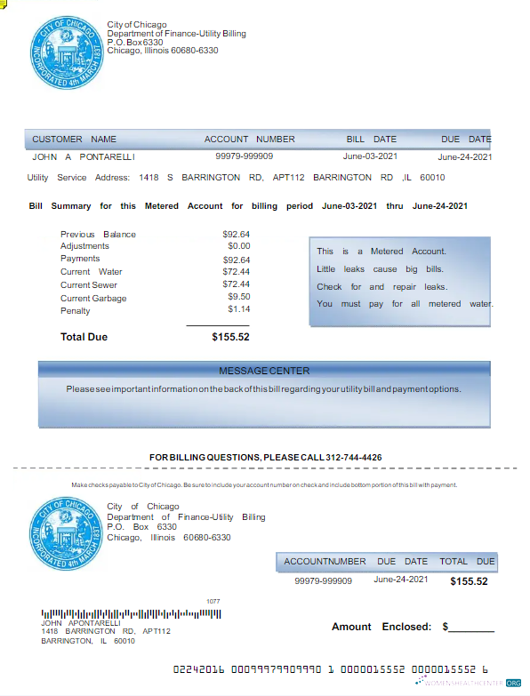 download download USA CITY OF CHICAGO utility bill Word and PDF template PDF template PDF template